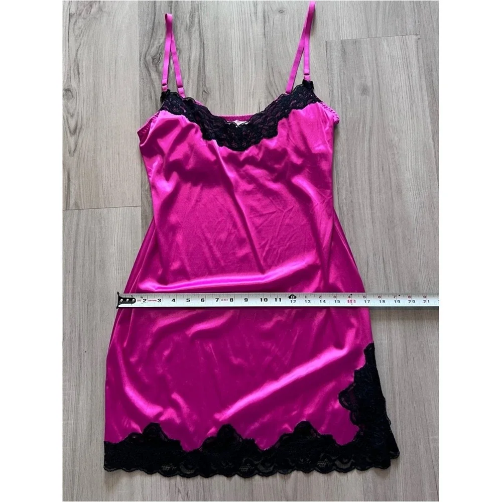 Victoria's Secret Hot Pink stretch Satin Slip Black Lace built in bra 36C vntg - Picture 8 of 15